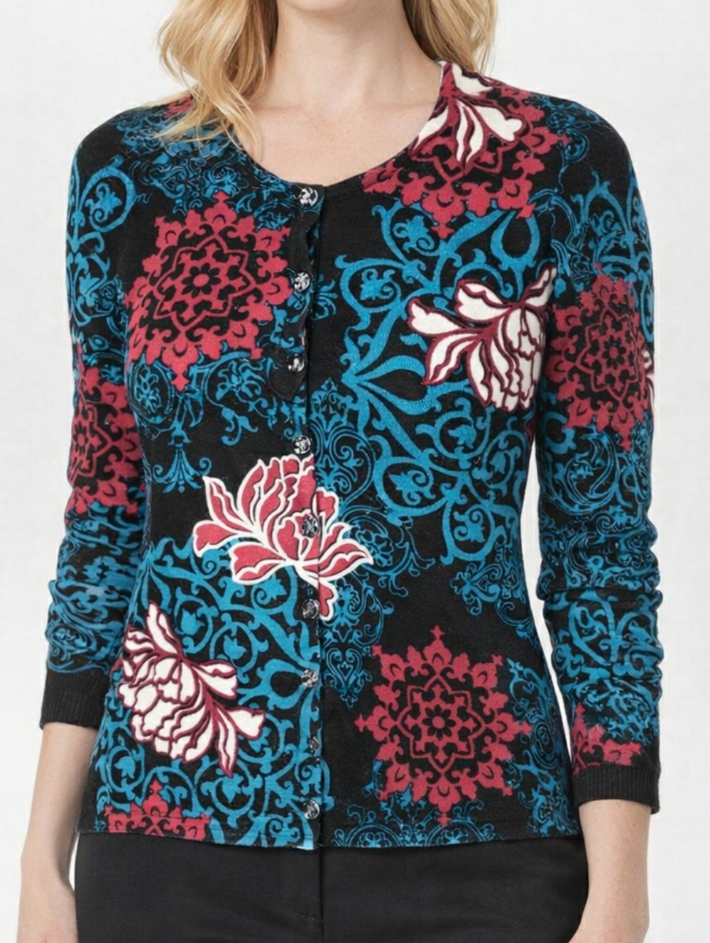 Premise Studio Floral Mandala Cardigan Black Teal Red Jewel Button Small